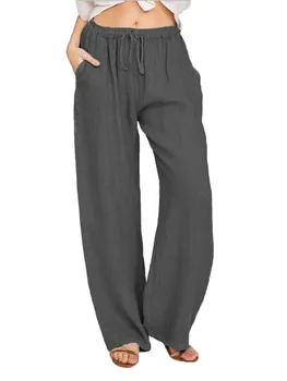Cele Mai Noi Femei Lenjerie Pantaloni Casual Culoare Solidă Confortabil Centură Elastică Cu Dantelă-Up Lenjerie De Pat Din Bumbac Moda Bumbac Doamna Pantaloni Drepte