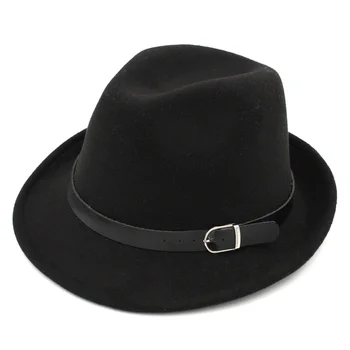 Munng Unisex pentru Adulti Lână Amestec de Jazz Pălărie Trilby Gangster Capac Roll-up Rigid Cozoroc Pălărie Curea din Piele Neagra Decor