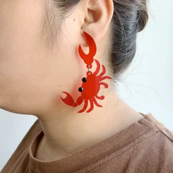 Trendy Marea Roșie, Pește, Caracatiță, Homar Cu Perla Picătură Și Transparent Crab Acrilice Stud Cercei Pentru Femeile Mari Tăiate Cu Laser Bijuterii