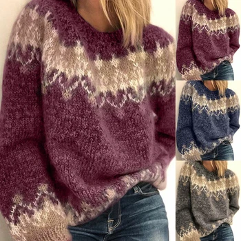 2022 European și American new femei toamna și iarna casual pierde mohair dur jacquard tricot pulover pentru femei