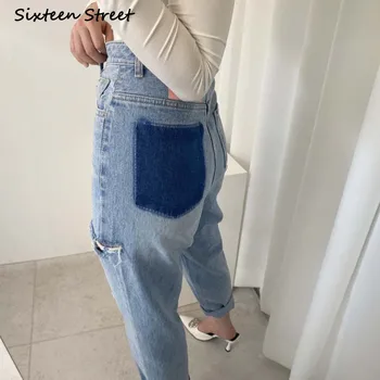 Blugi rupti pentru Femei Gaura Albastru de Înaltă Talie Pantaloni Y2k Estetice Cowboy Femme Pantaloni din Denim Femei Vintage Gaura Spălat 2021