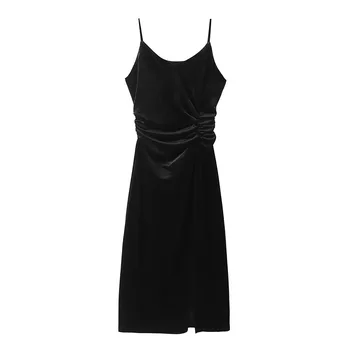 Toamna și iarna noua pentru femei de moda retro temperament dulce versatil suspensor negru plisată rochie de catifea