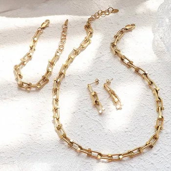 Din Oțel inoxidabil în formă de U Potcoavă design Gros Colier Cercei Bratara de Aur Set de Bijuterii Placat cu Aur Pentru Femei Hip Hop