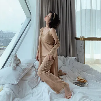 Bumbac de Agrement Topuri Gros Set Pijama Body Sling cămașă de noapte Set de Trei Piese coreean Femei, Pijamale pentru Femei Toamna Iarna Sexy