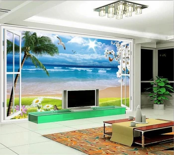Wellyu papel de parede 3D pictura murala mare tapet fereastra mare plaja palm cabană de vacanță fundal personalizate foto papel de parede 3d
