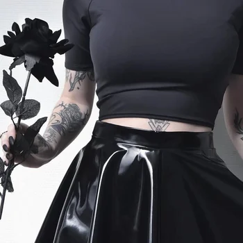 Gotic Din Piele Pu Mini-Fuste Femei 2021 Sexy Solide Culori Negru Fusta Plisata Gotic Haine De Vară Goth Punk Slim Streetwear